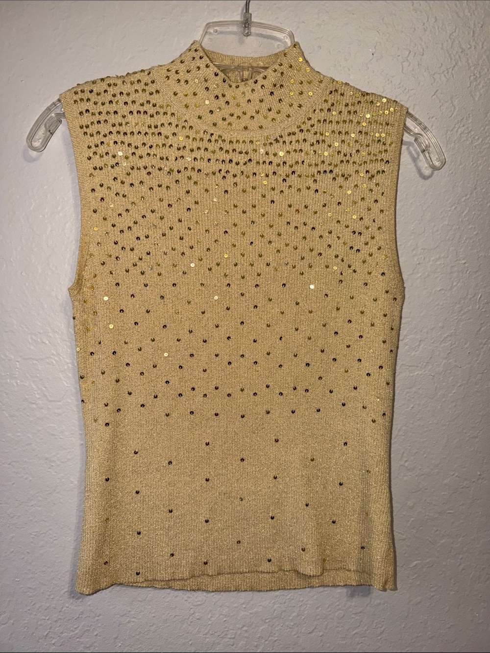 Vintage sparkling sequin Gold Sweater turtleneck sleeveless elegant 90s grandma